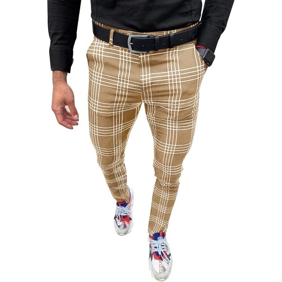 🆕 Men Tan Fashion Stretch Dress Slim Fit Plaid Business Suit Pants Casual Golf - Picture 1 of 4